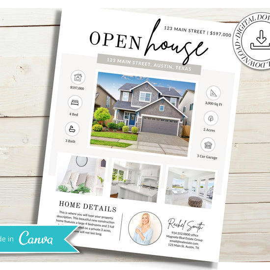 Open House Flyer | Real Estate Open House Flyer Template | Just Listed Flyer | Real Estate Marketing | Editable Canva Template | Postcard