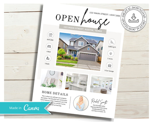 Open House Flyer | Real Estate Open House Flyer Template | Just Listed Flyer | Real Estate Marketing | Editable Canva Template | Postcard