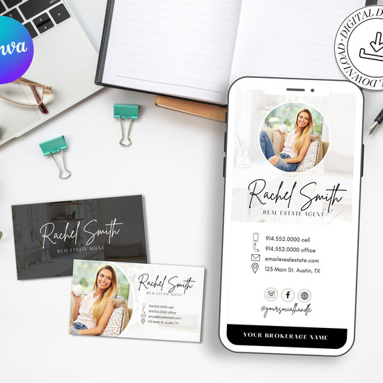 Digital Business Card & Business Card Bundle | Real Estate Marketing | Modern Real Estate Business Card | Entrepreneur | Canva Template