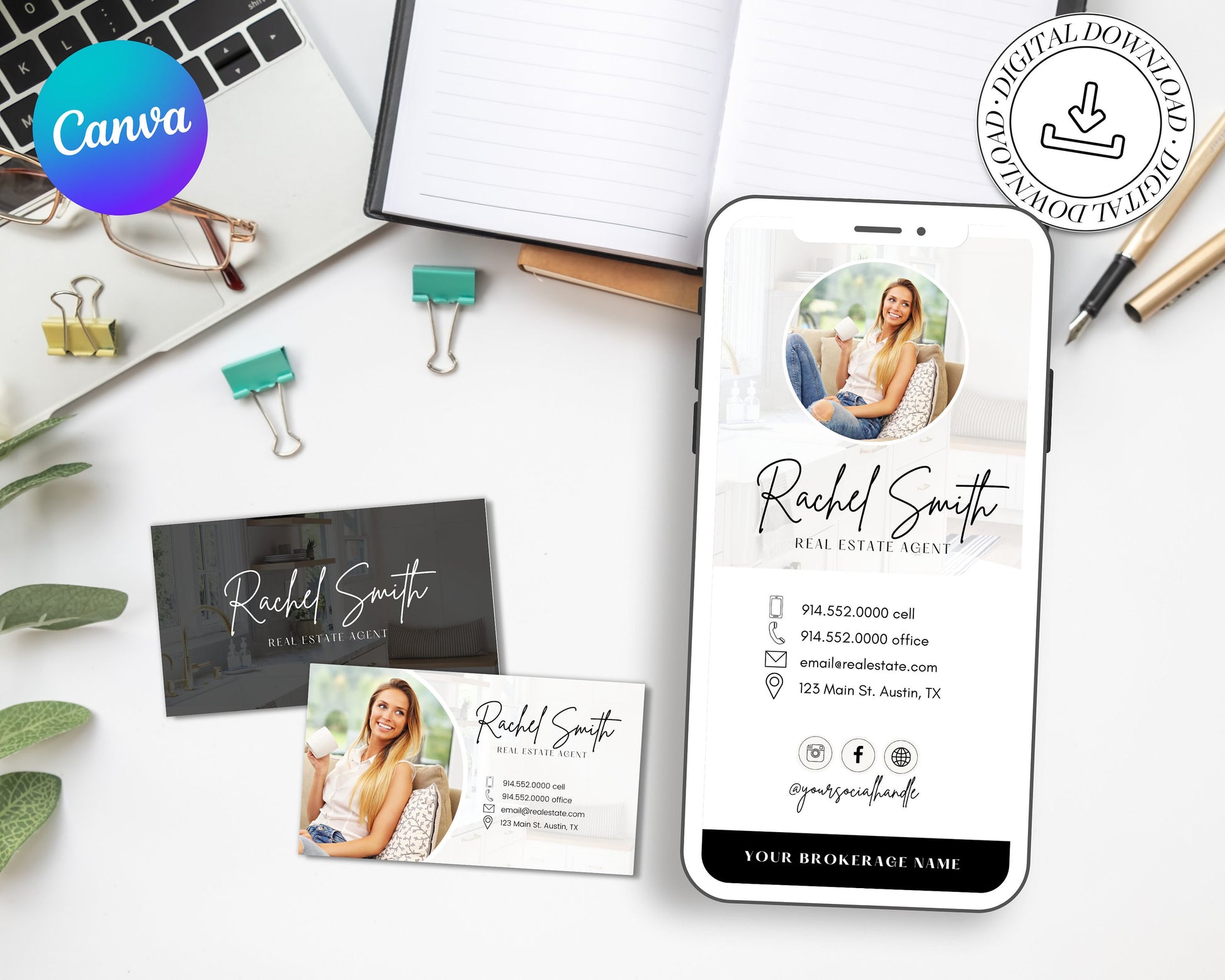 Digital Business Card & Business Card Bundle | Real Estate Marketing | Modern Real Estate Business Card | Entrepreneur | Canva Template