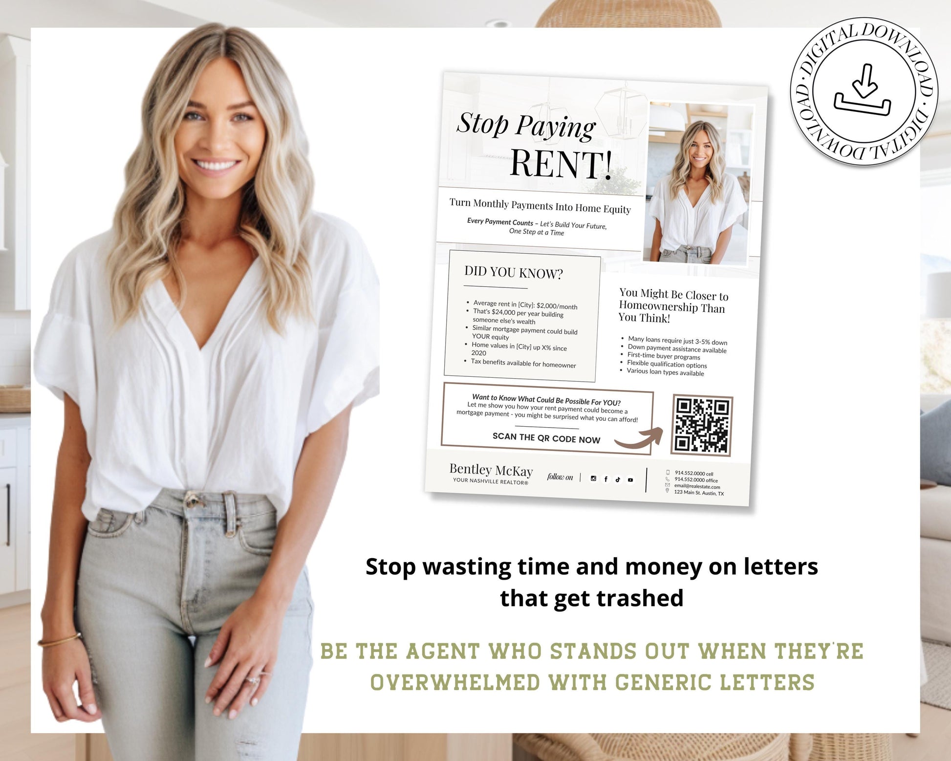 Stop Buying Rent Flyer | Buyer Prospecting Flyer | Home Buyer Prospecting Letter | Real Estate Marketing | Farming Flyer | Rent vs Buy Flyer