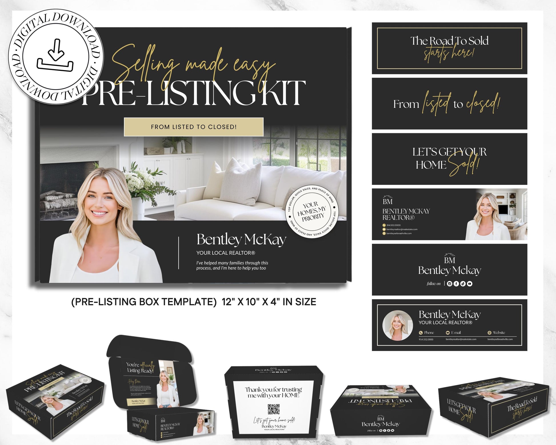 Pre-listing Kit for Real Estate Agent, Pre-listing Box Cover, Pre-listing Presentation, Questionnaire, Just Listed Flyer, Seller Commission