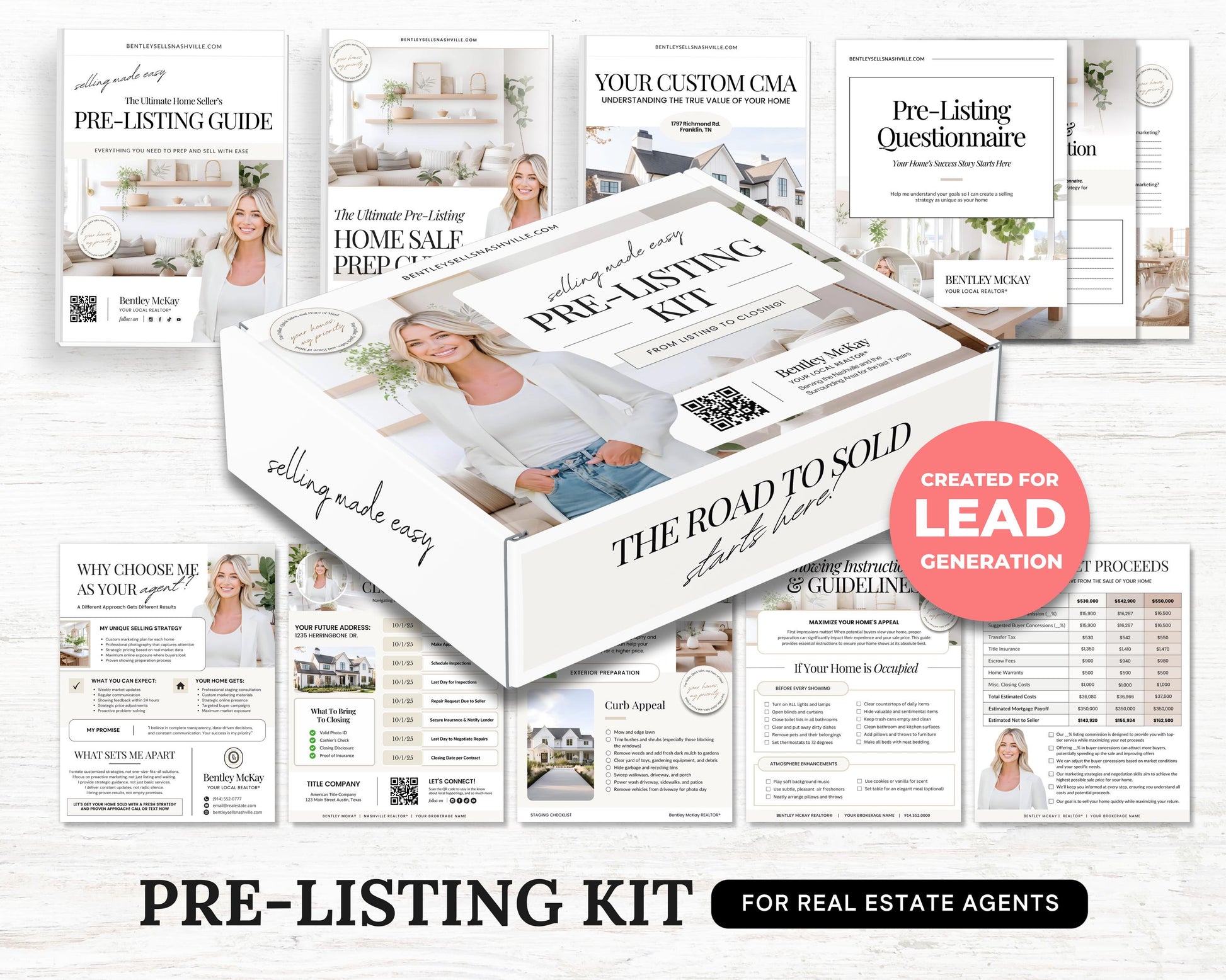 Pre-listing Kit for Real Estate Agent, Pre-listing Box Cover, Pre-listing Presentation, Questionnaire, Just Listed Flyer, Seller Commission