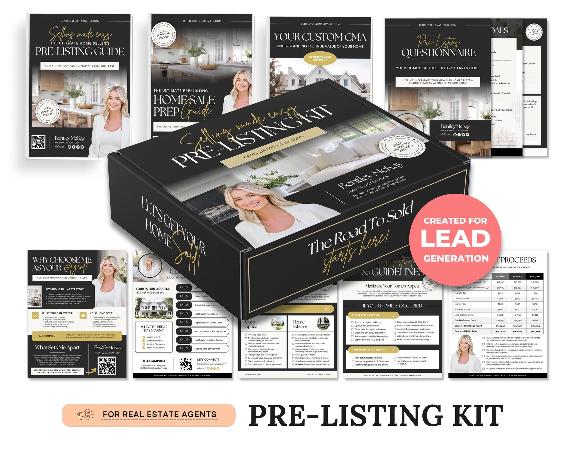 Pre-listing Kit for Real Estate Agent, Pre-listing Box Cover, Pre-listing Presentation, Questionnaire, Just Listed Flyer, Seller Commission