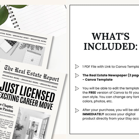 Real Estate Newspaper Prop Template, Large Newspaper Announcement, Custom Newspaper For Branding Photoshoot, Instant Download, Canva