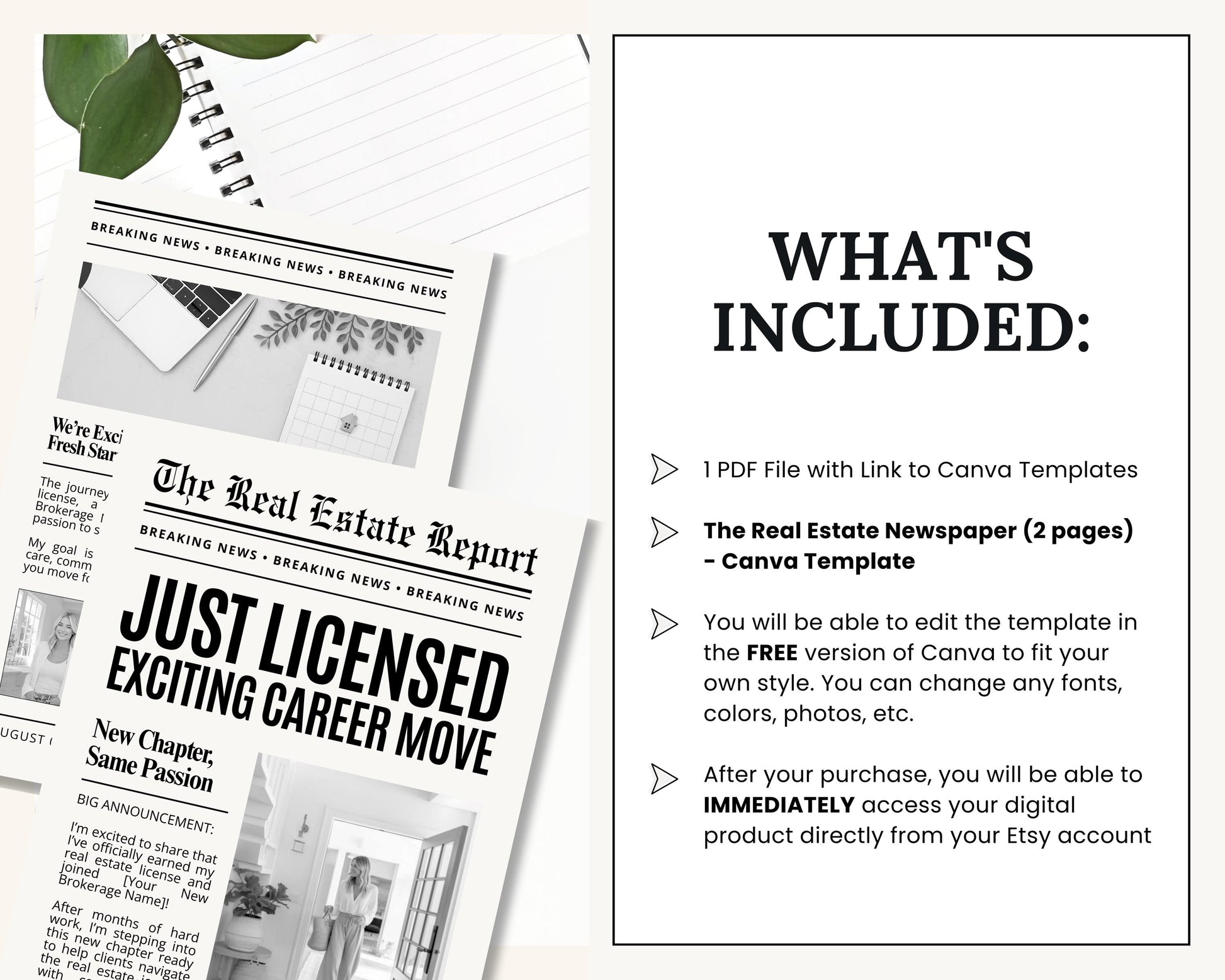 Real Estate Newspaper Prop Template, Large Newspaper Announcement, Custom Newspaper For Branding Photoshoot, Instant Download, Canva