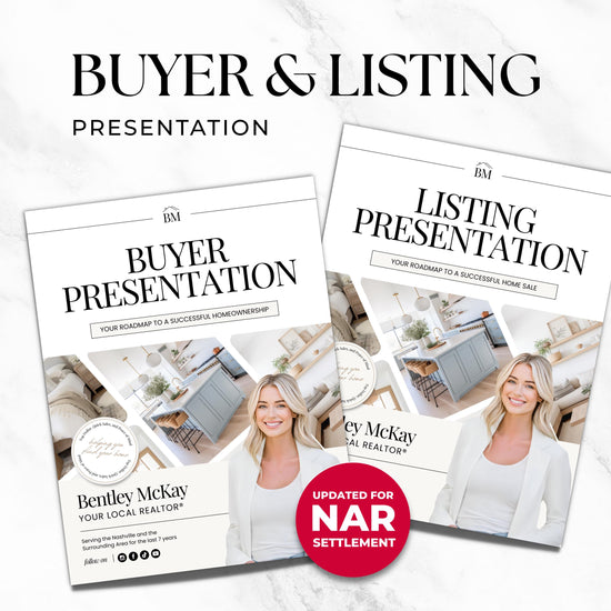 The image is a presentation titled "Buyer & Listing Presentation" featuring two brochures for a real estate agent named "Cory McKay". The brochures display images of a woman and a kitchen, along with text promoting the agent's services for a successful home sale.