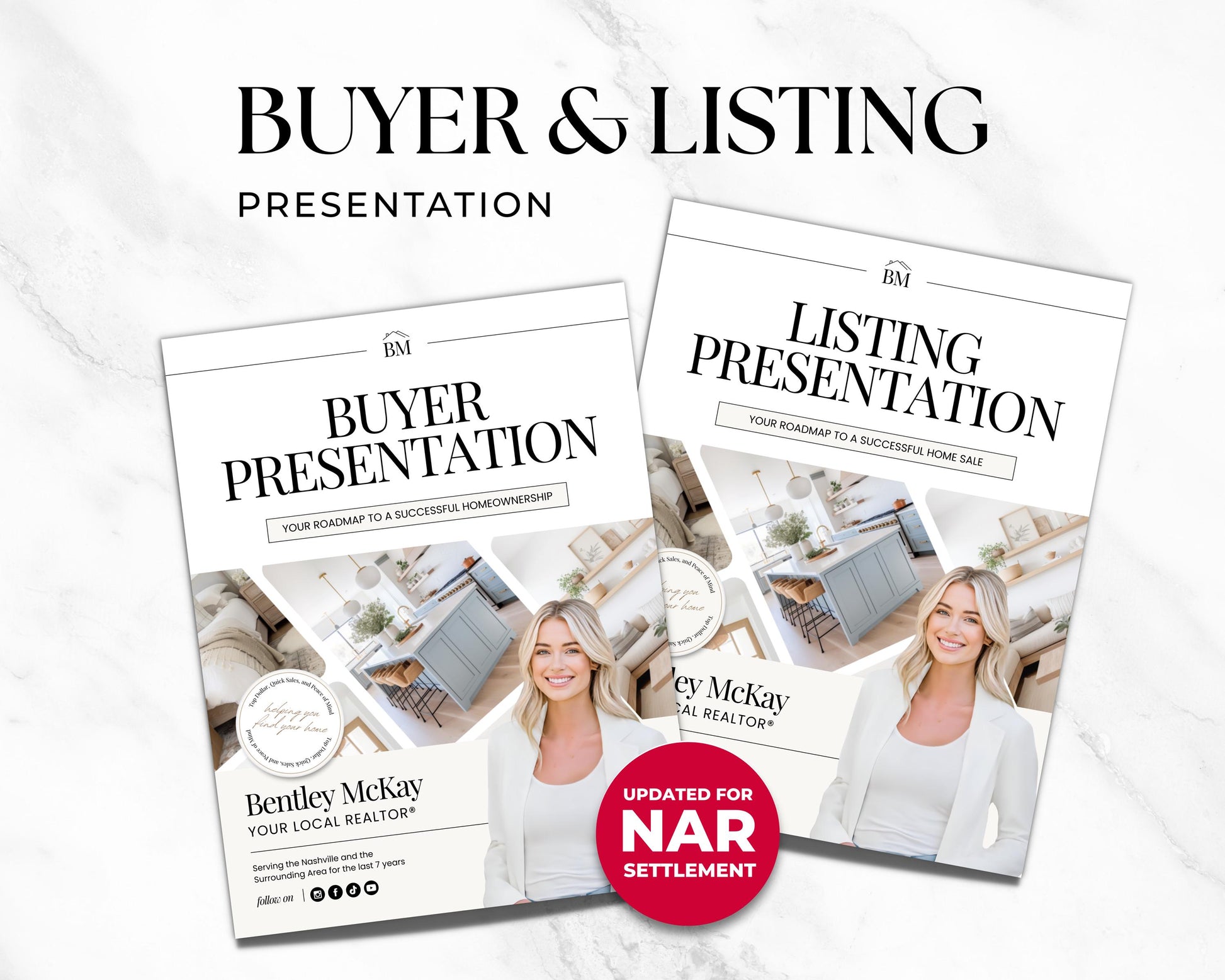 The image is a presentation titled "Buyer & Listing Presentation" featuring two brochures for a real estate agent named "Cory McKay". The brochures display images of a woman and a kitchen, along with text promoting the agent's services for a successful home sale.