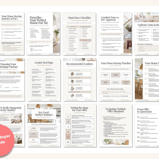 a collection of 16 spreadsheets or documents, likely providing information or guidelines for homebuyers. The documents cover various topics such as choosing a mortgage partner, lending red flags, setting the stage for a home search, navigating multiple offers, and more. The documents appear to be organized into different sections or topics, and the text is written in a clear and concise manner, avoiding redundancy and focusing on providing useful information for homebuyers.