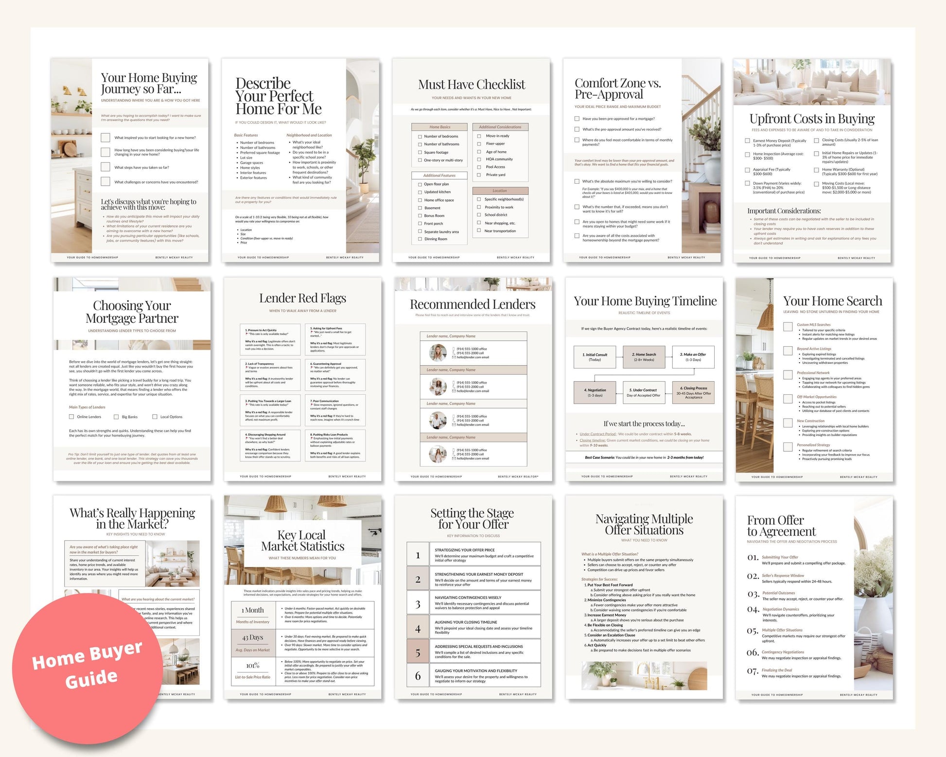 a collection of 16 spreadsheets or documents, likely providing information or guidelines for homebuyers. The documents cover various topics such as choosing a mortgage partner, lending red flags, setting the stage for a home search, navigating multiple offers, and more. The documents appear to be organized into different sections or topics, and the text is written in a clear and concise manner, avoiding redundancy and focusing on providing useful information for homebuyers.