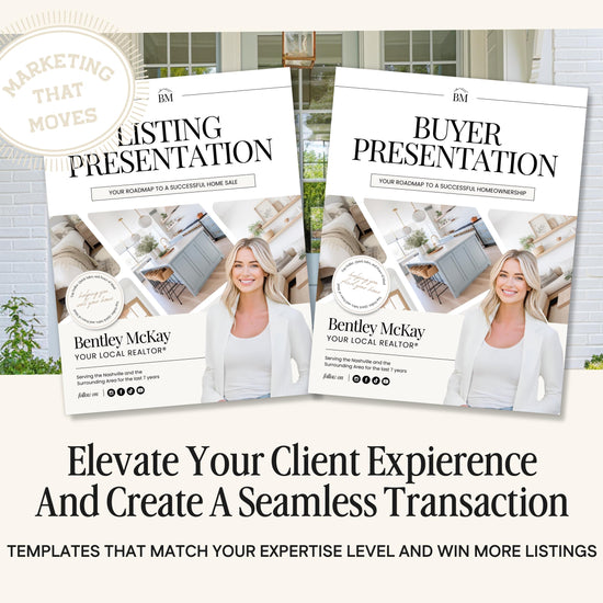 The image is a promotional material for a real estate company, featuring two identical copies of a listing presentation book with images of a woman and a home. The text on the book covers the topics of marketing, listing, presentation, and buyer-presentation, and suggests that the book can help elevate client experience and create seamless transactions.