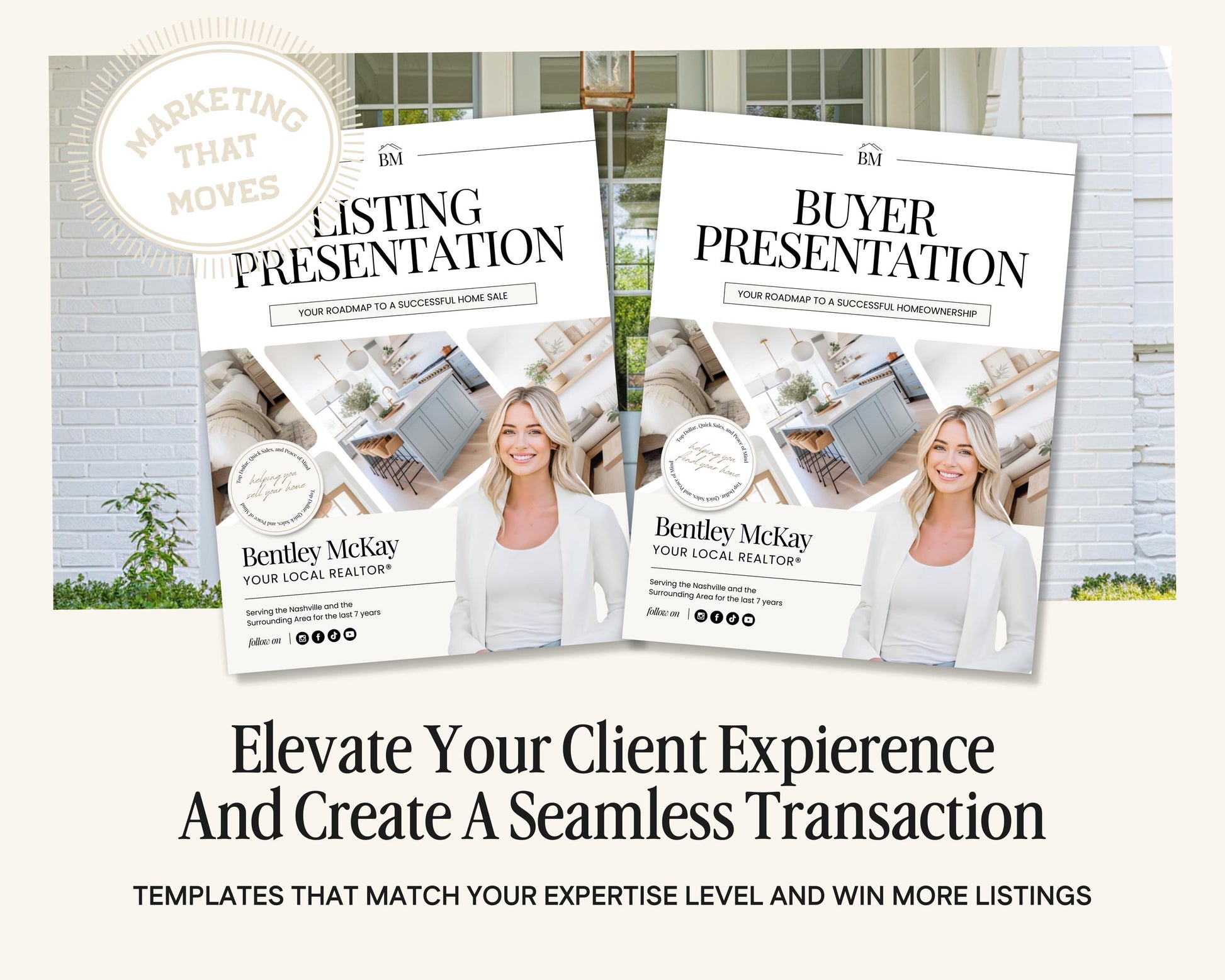 The image is a promotional material for a real estate company, featuring two identical copies of a listing presentation book with images of a woman and a home. The text on the book covers the topics of marketing, listing, presentation, and buyer-presentation, and suggests that the book can help elevate client experience and create seamless transactions.