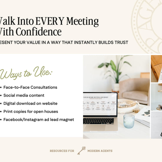 The image is a collage of various images related to the concept of "Walk into Every Meeting With Confidence". It includes a list of ways to use these methods, such as face-to-face consultations, social media content, digital download, print copies, and using a Facebook/Instagram ad lead magnet. The collage also includes images of a laptop, a plant, and a desk, which are part of the overall presentation.