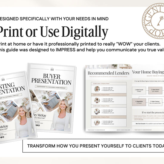 The image is a promotional graphic for a real estate presentation guide, featuring a woman in a white blouse and a book titled "Listing Presentation" with a woman's face on the cover.
