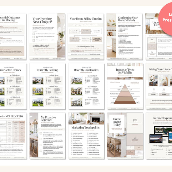 a collection of real estate-related documents and presentations, including a listing presentation, a home seller's timeline, a similar active homes section, a recently sold homes section, a pricing guide, a home buying guide, and a listing presentation.