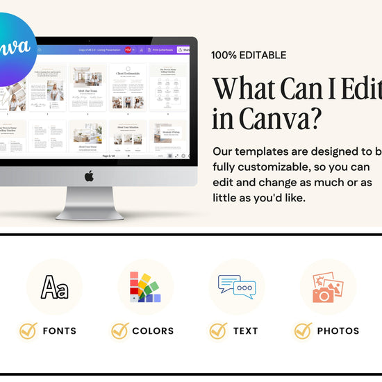 The image is a promotional graphic for a software called Canva, which allows users to create and edit various types of documents and presentations. The image features a computer monitor displaying a Canva interface, along with icons representing different editing and customization options such as fonts, colors, text, and photos. The text on the image emphasizes that the software is 100% editable, allowing users to customize their documents and presentations to their liking.