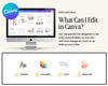 The image is a promotional graphic for a software called Canva, which allows users to create and edit various types of documents and presentations. The image features a computer monitor displaying a Canva interface, along with icons representing different editing and customization options such as fonts, colors, text, and photos. The text on the image emphasizes that the software is 100% editable, allowing users to customize their documents and presentations to their liking.