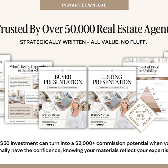 The image is a collage of real estate agent materials, including brochures, presentations, and a website. The text highlights the trustworthiness of over 50,000 real estate agents and the strategic writing of all value, without fluff. It also mentions that a $50 investment can turn into a $2,000+ commission when the agent finally has the confidence to know their materials reflect their expertise.