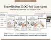 The image is a collage of real estate agent materials, including brochures, presentations, and a website. The text highlights the trustworthiness of over 50,000 real estate agents and the strategic writing of all value, without fluff. It also mentions that a $50 investment can turn into a $2,000+ commission when the agent finally has the confidence to know their materials reflect their expertise.