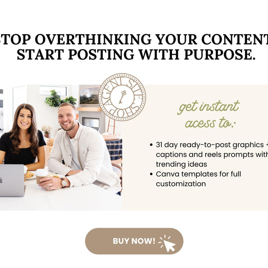 The image is a promotional advertisement for a content creation service, featuring a man and a woman sitting at a table with laptops, smiling and appearing to be engaged in a conversation.