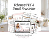 The image is an advertisement for a marketing service called "February PDF & Email Newsletter". It features various promotional materials, including a laptop displaying the service, a smartphone, and a magazine or brochure. The text on the image highlights the service's offerings and the benefits of using it for marketing purposes.