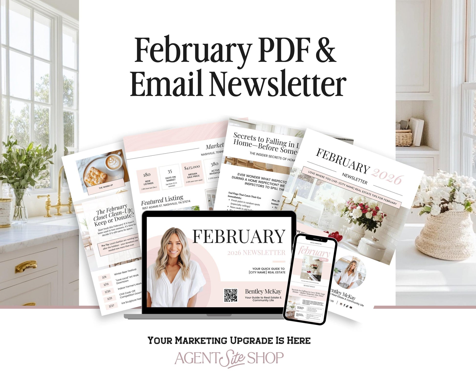The image is an advertisement for a marketing service called "February PDF & Email Newsletter". It features various promotional materials, including a laptop displaying the service, a smartphone, and a magazine or brochure. The text on the image highlights the service's offerings and the benefits of using it for marketing purposes.