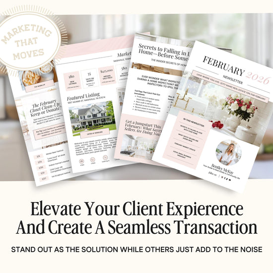 The image is an advertisement for real estate services, featuring a collage of brochures and a magazine with information about real estate marketing and strategies.