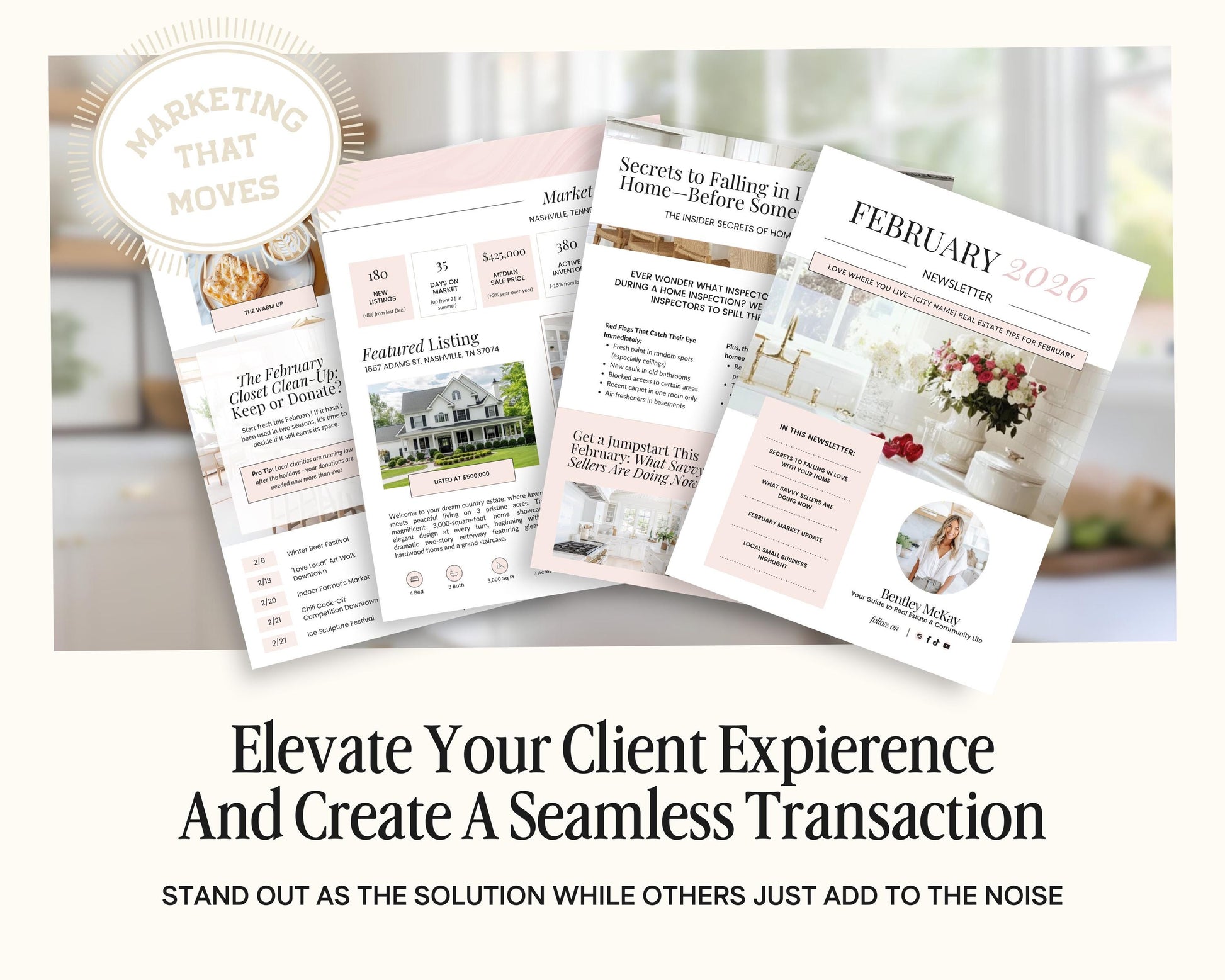The image is an advertisement for real estate services, featuring a collage of brochures and a magazine with information about real estate marketing and strategies.