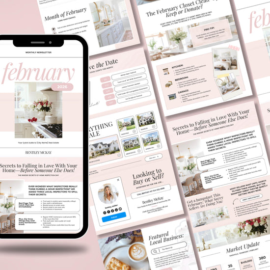 The image is a collage of various real estate-related images, including a smartphone displaying a real estate magazine, and several pages of a real estate website.