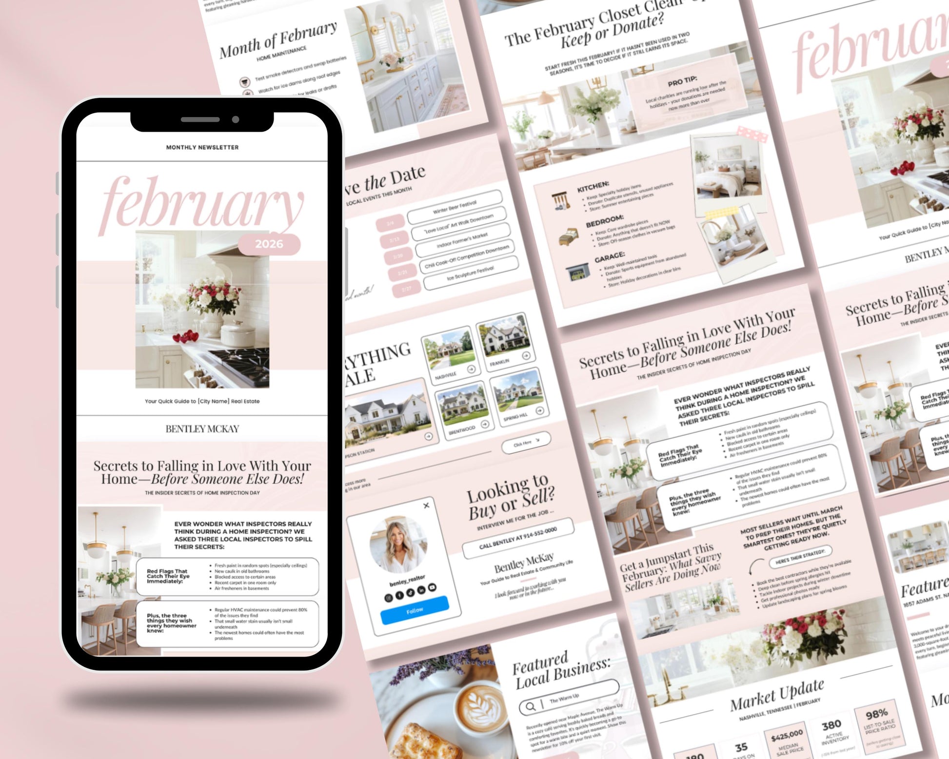 The image is a collage of various real estate-related images, including a smartphone displaying a real estate magazine, and several pages of a real estate website.