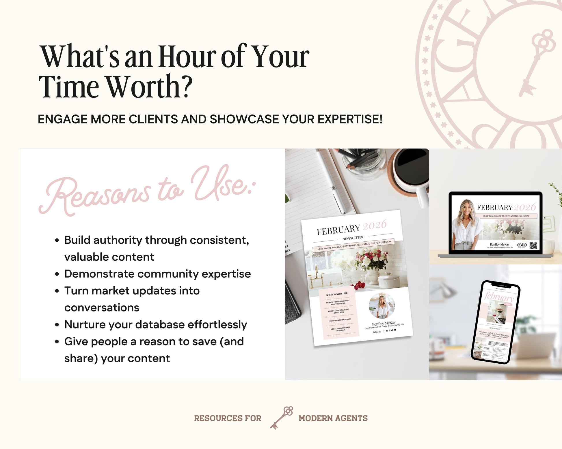 The image is a collage of three different images related to the topic of "What's an Hour of Your Time Worth?". The collage includes a magazine cover, a website, and a smartphone displaying a news article. The text in the image provides reasons for using these resources, such as building authority through valuable content, demonstrating community expertise, and nurturing the database.