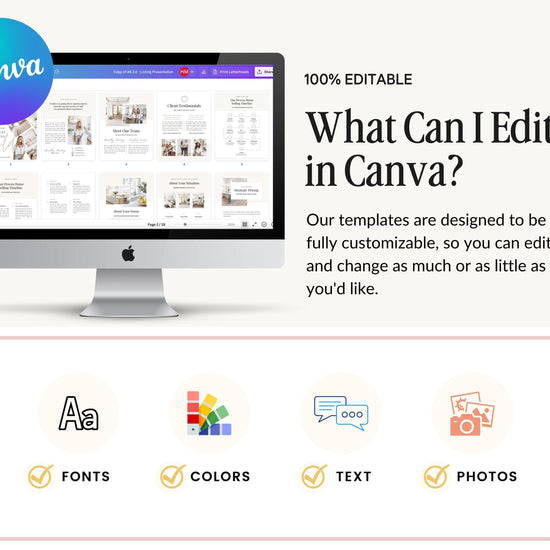 The image is an advertisement for a software called Canva, which allows users to create and edit various types of documents and presentations. The advertisement highlights the software's 100% editable feature, emphasizing that users can customize and change the templates as much or as little as they prefer.