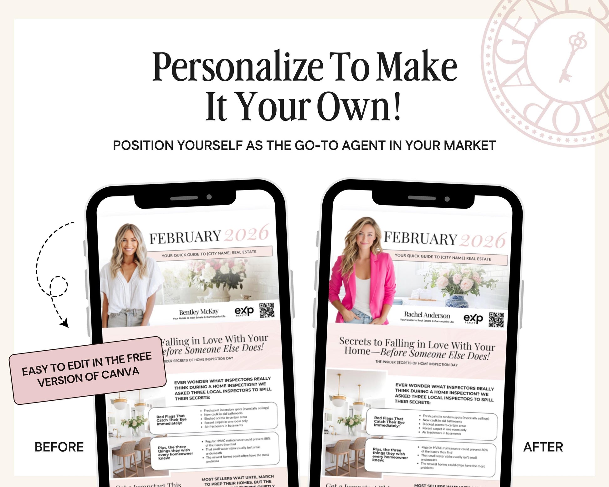 The image is a before and after comparison of two different versions of an email or text message. The text message features a woman in a pink jacket, and the before and after versions have been edited to emphasize different aspects of the message.