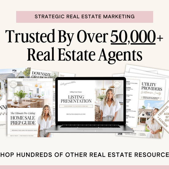 The image is an advertisement for a real estate marketing company, showcasing various real estate-related materials such as brochures, guides, and a laptop displaying a presentation slide.