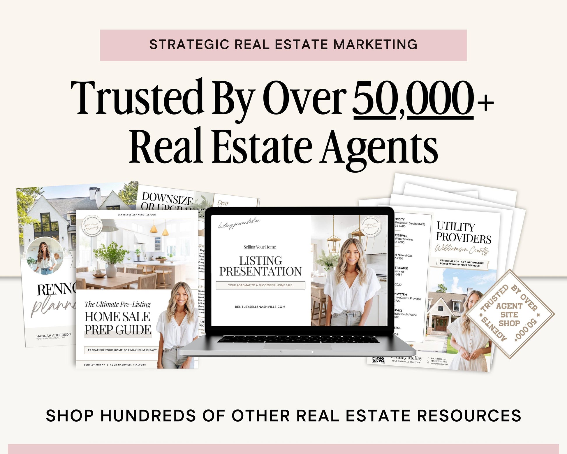 The image is an advertisement for a real estate marketing company, showcasing various real estate-related materials such as brochures, guides, and a laptop displaying a presentation slide.
