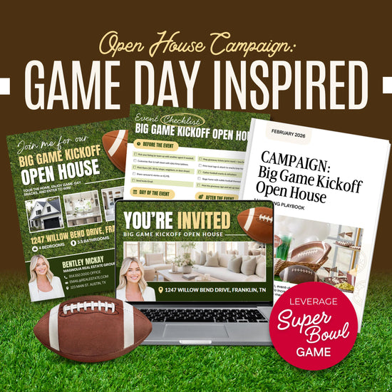 The image is a collage of various elements related to the "Open House Campaign: Game Day Inspired" campaign, including a laptop, a football, and promotional materials.