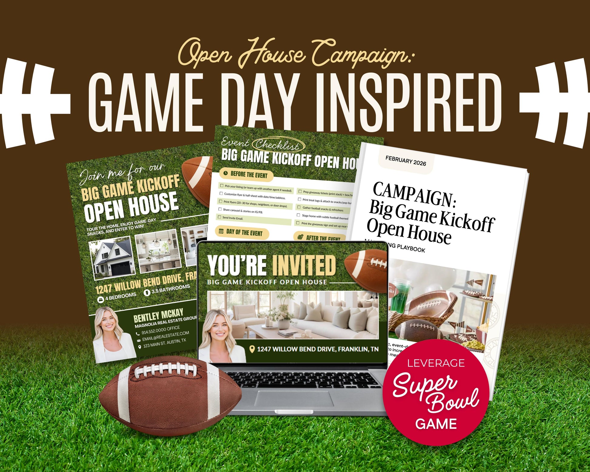 The image is a collage of various elements related to the "Open House Campaign: Game Day Inspired" campaign, including a laptop, a football, and promotional materials.
