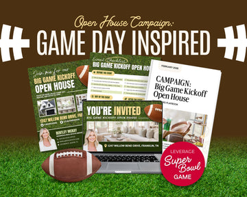 The image is a collage of various elements related to the "Open House Campaign: Game Day Inspired" campaign, including a laptop, a football, and promotional materials.