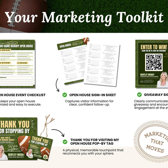 The image is a marketing toolkit that includes a checklist, a sign-in sheet, a giveaway sign, and a thank you card. The toolkit is designed to help real estate professionals promote open houses and engage with potential clients.