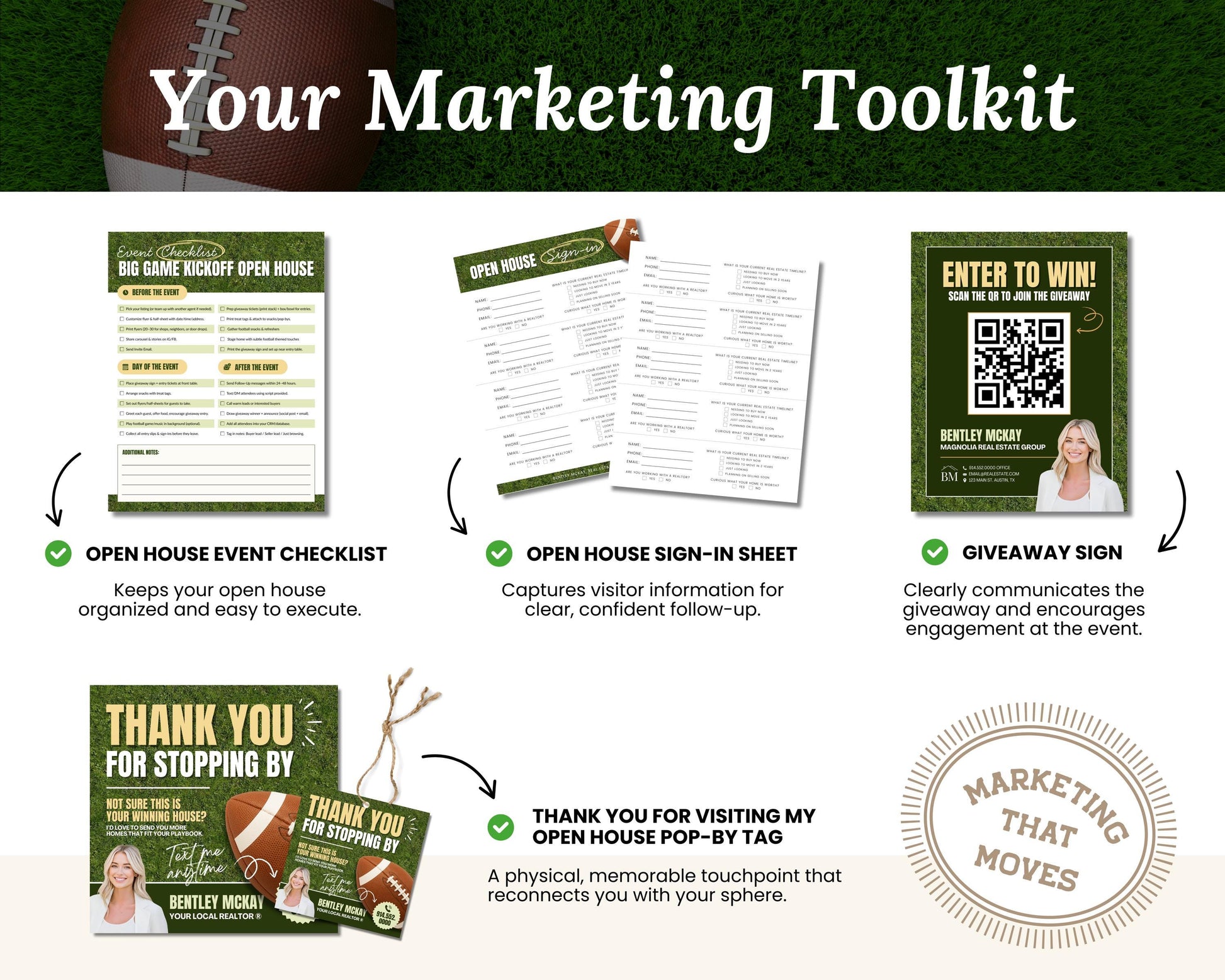 The image is a marketing toolkit that includes a checklist, a sign-in sheet, a giveaway sign, and a thank you card. The toolkit is designed to help real estate professionals promote open houses and engage with potential clients.