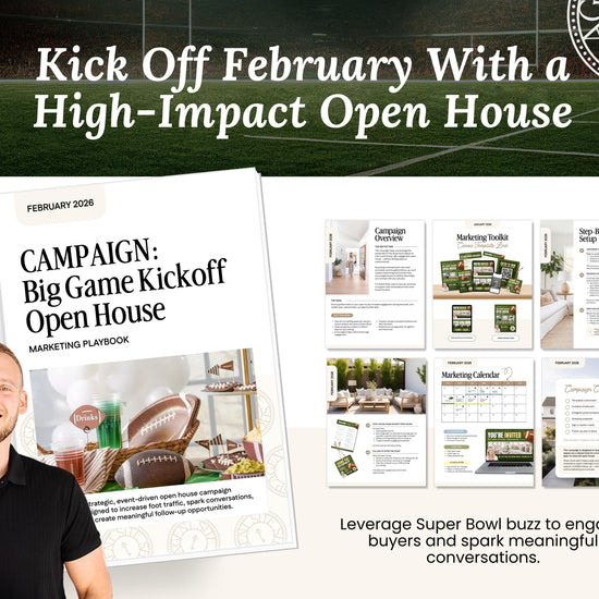 The image is a promotional graphic for a marketing campaign called "Big Game Kickoff Open House". It features a man smiling and a collage of images related to the campaign, including a football, a sports ball, and a sports-themed background.