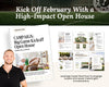 The image is a promotional graphic for a marketing campaign called "Big Game Kickoff Open House". It features a man smiling and a collage of images related to the campaign, including a football, a sports ball, and a sports-themed background.