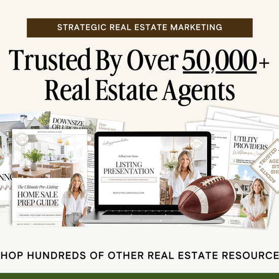 The image is an advertisement for a real estate marketing company, featuring various real estate-related materials such as brochures, a laptop, and a football.