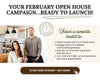 a man and a woman posing together in a kitchen setting. The text overlay provides information about a campaign for an open house, including details about how to engage with potential buyers and turn visits into follow-up conversations.