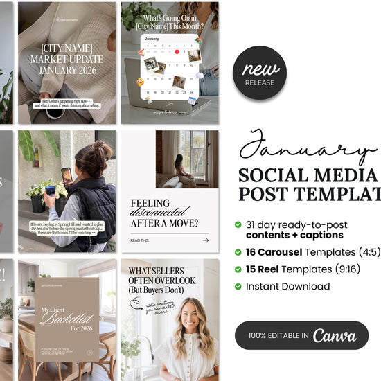 a collection of social media post templates for January, including various content ideas and layouts. The templates are designed to be easily edited and customized for different types of posts.