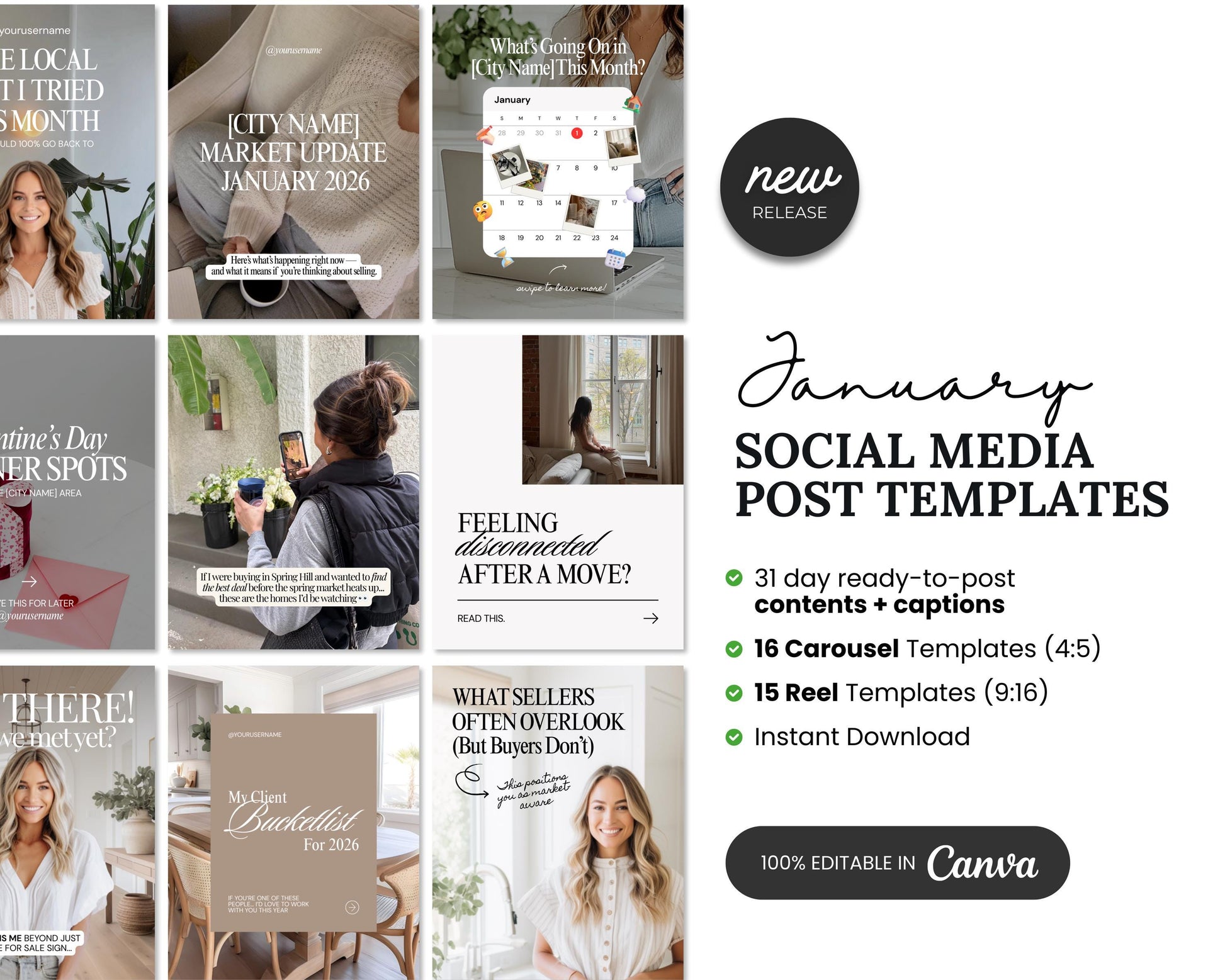 a collection of social media post templates for January, including various content ideas and layouts. The templates are designed to be easily edited and customized for different types of posts.