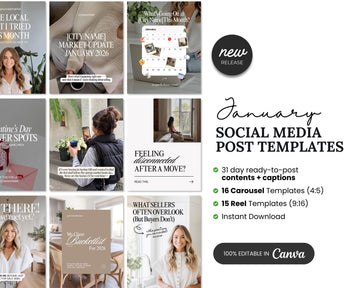 a collection of social media post templates for January, including various content ideas and layouts. The templates are designed to be easily edited and customized for different types of posts.
