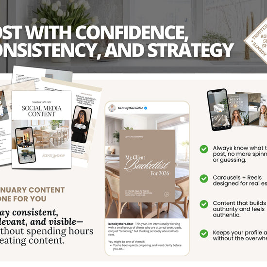 The image is a collage of various elements, including a brochure, a social media post, and a mobile phone image, all related to real estate content creation.