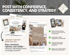 The image is a collage of various elements, including a brochure, a social media post, and a mobile phone image, all related to real estate content creation.