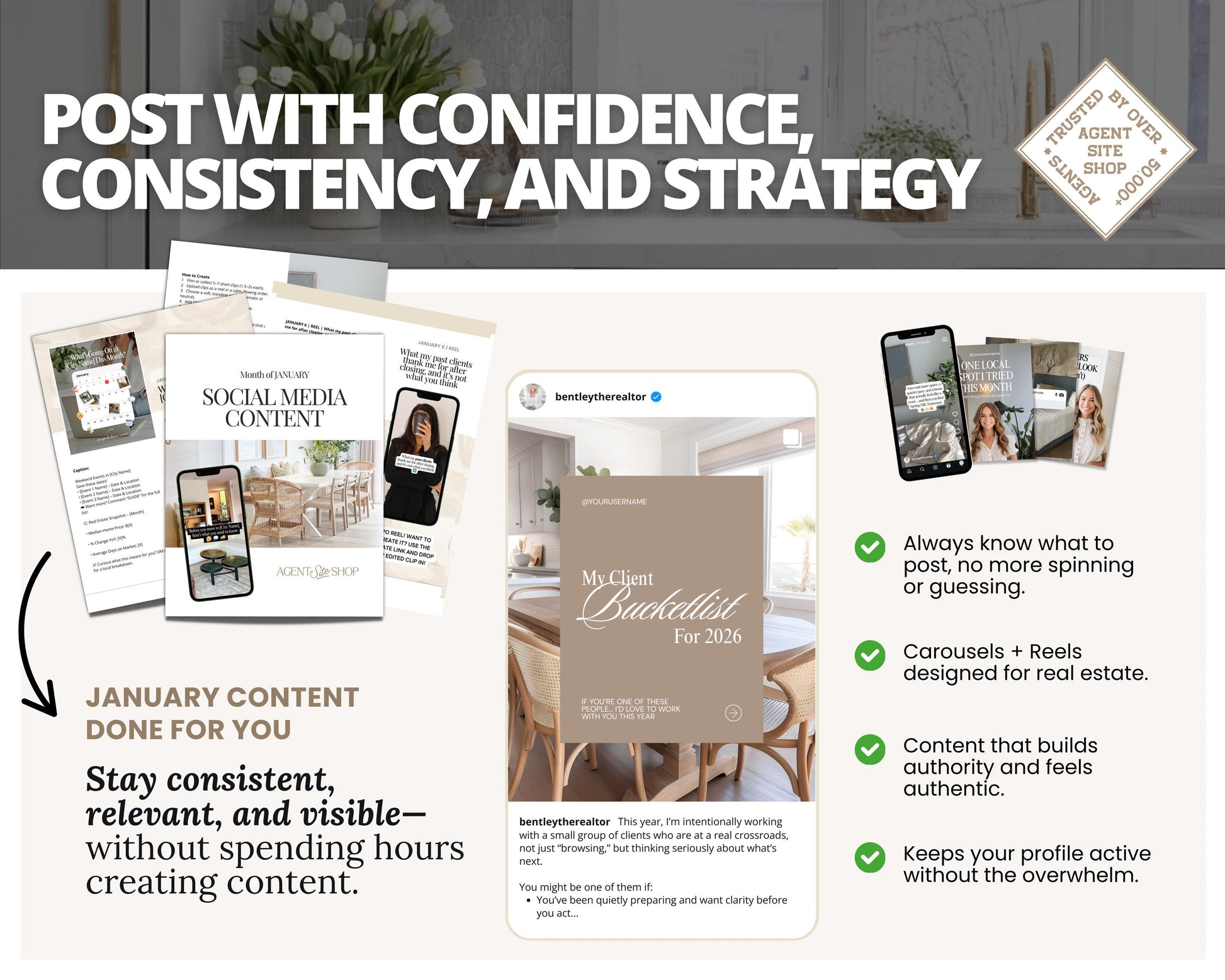 The image is a collage of various elements, including a brochure, a social media post, and a mobile phone image, all related to real estate content creation.